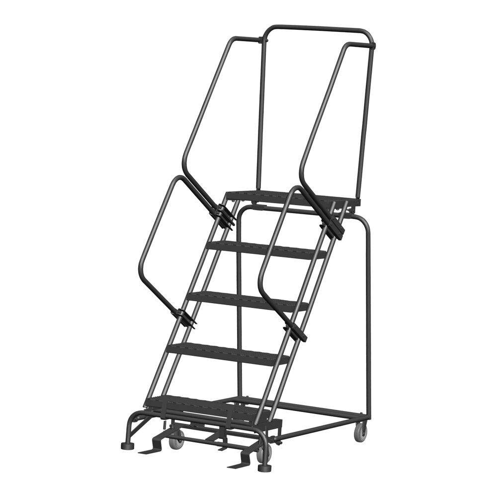 Ballymore M-2000 Series 5-Step Gray Steel Rolling Safety Ladder with Expanded Metal Tread, 24" Wide Steps, and 14" Deep Top Step 053214X - 450 lb. Capacity