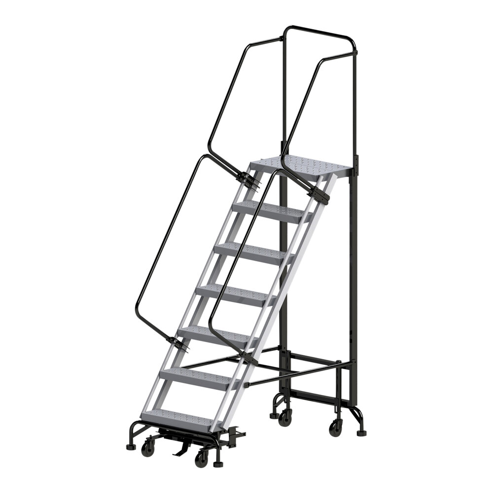 Ballymore Hybrid 7-Step Gray Steel All-Direction Rolling Safety Ladder with 24" Wide Aluminum Steps and 34" Wide Base HY-LA-073214P - 450 lb. Capacity