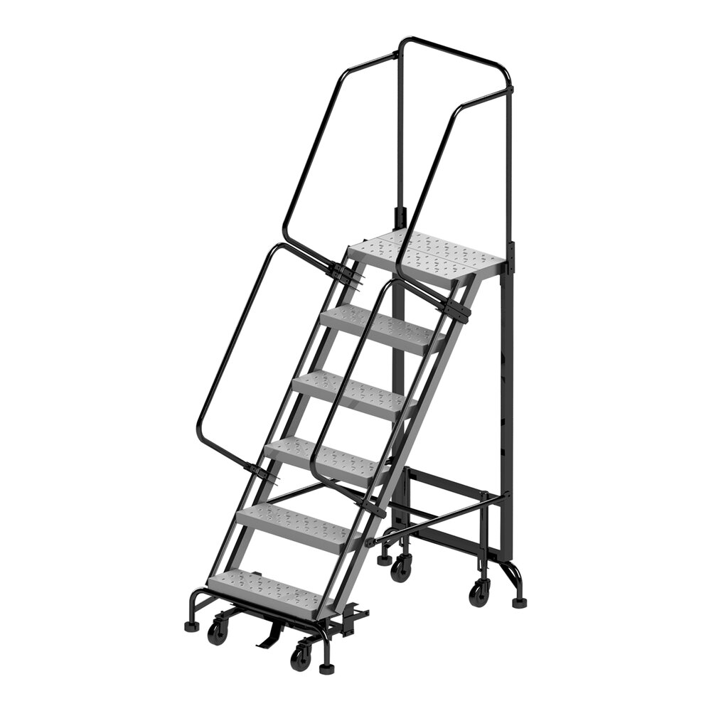 Ballymore Hybrid 6-Step Gray Steel All-Direction Rolling Safety Ladder with 24" Wide Aluminum Steps and 34" Wide Base HY-LA-063214P - 450 lb. Capacity