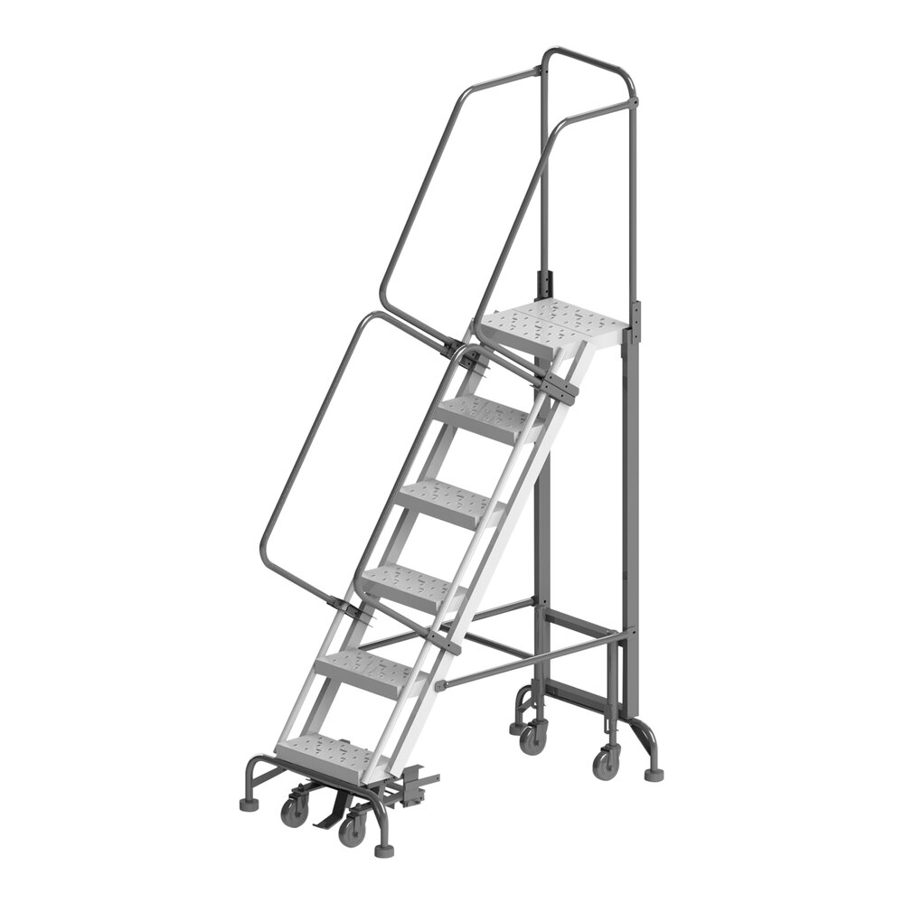 Ballymore Hybrid 6-Step Gray Steel All-Direction Rolling Safety Ladder with 16" Wide Aluminum Steps and 28" Wide Base HY-LA-062414P - 450 lb. Capacity