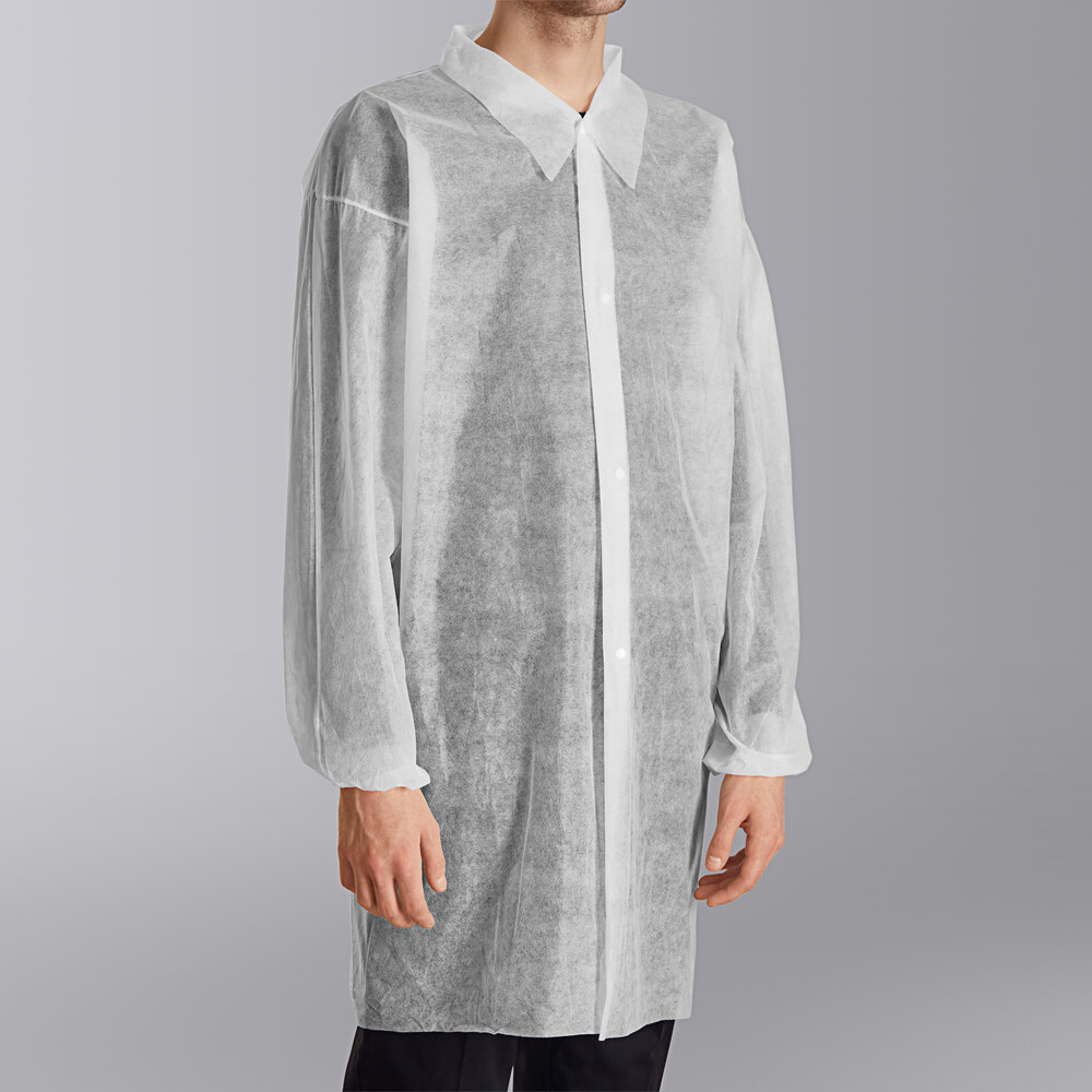 Lavex White 26 GSM Standard Weight Polypropylene Snap Front Long Sleeve Lab Coat with Elastic Wrists - L - 30/Case