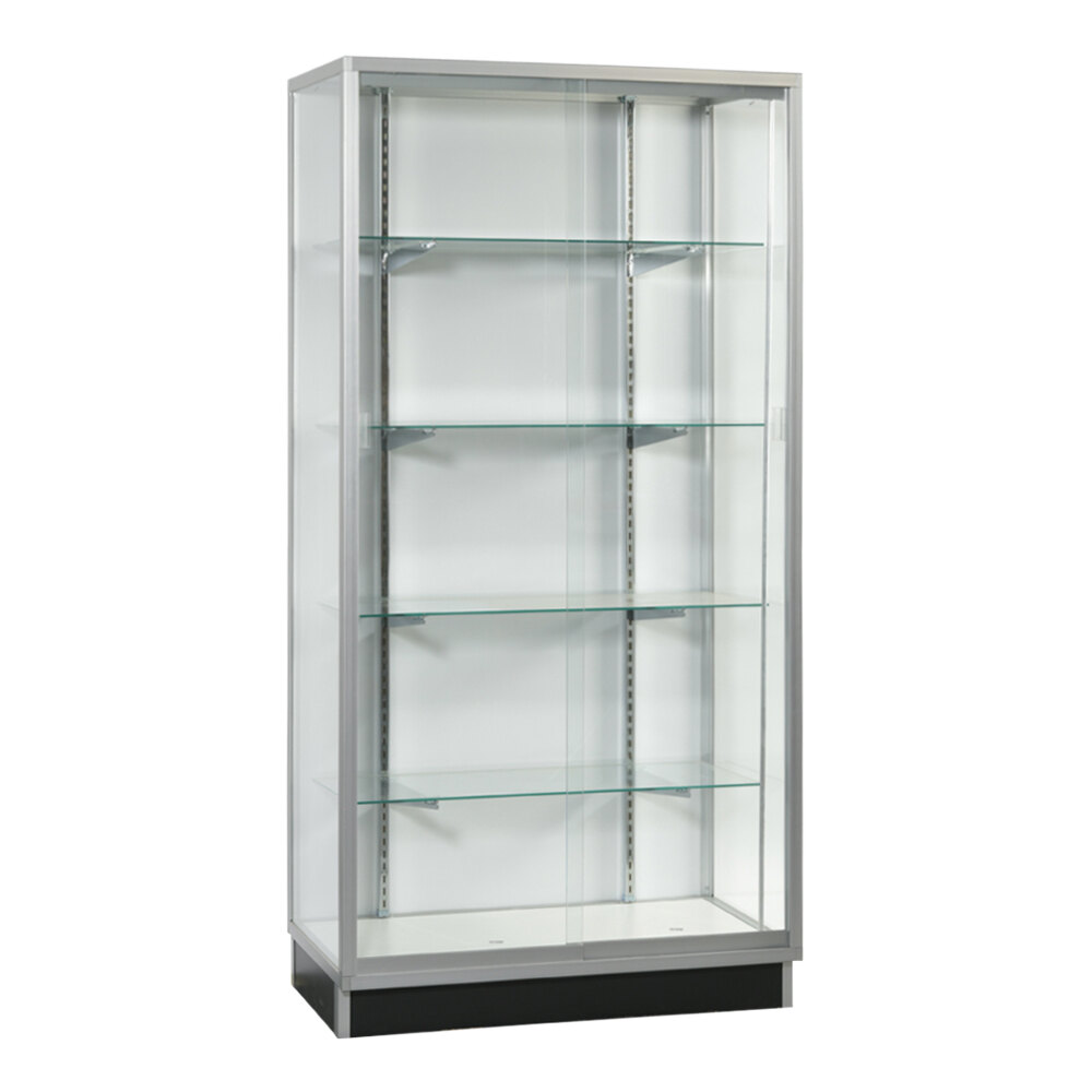 36" x 20" x 72" Glass 4-Shelf Display Showcase with White Wood Back and Sliding Glass Doors