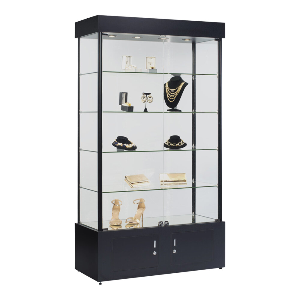 40" x 18" x 73" Black Glass 4-Shelf Display Showcase with Low-Profile LED Lights