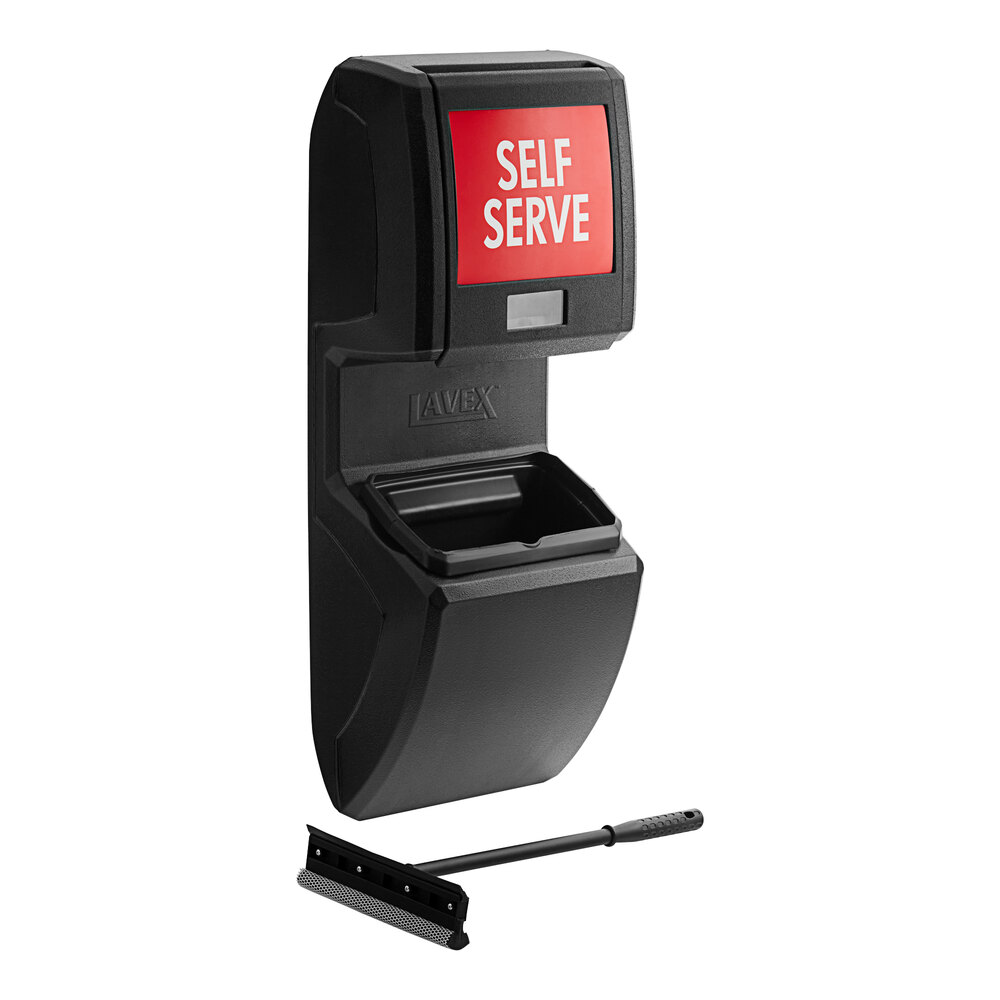 Lavex Black Wall-Mounted Windshield Wash Station with Paper Towel Dispenser and Squeegee