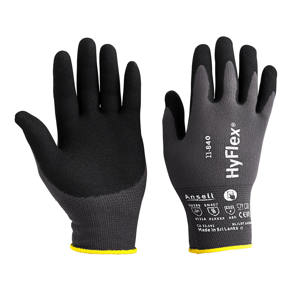 Ansell HyFlex® 11-840 Black and Gray Nylon / Spandex Knitted Gloves with Black Palm-Coated Foam Nitrile and Ansell Grip™ Technology - Extra Large