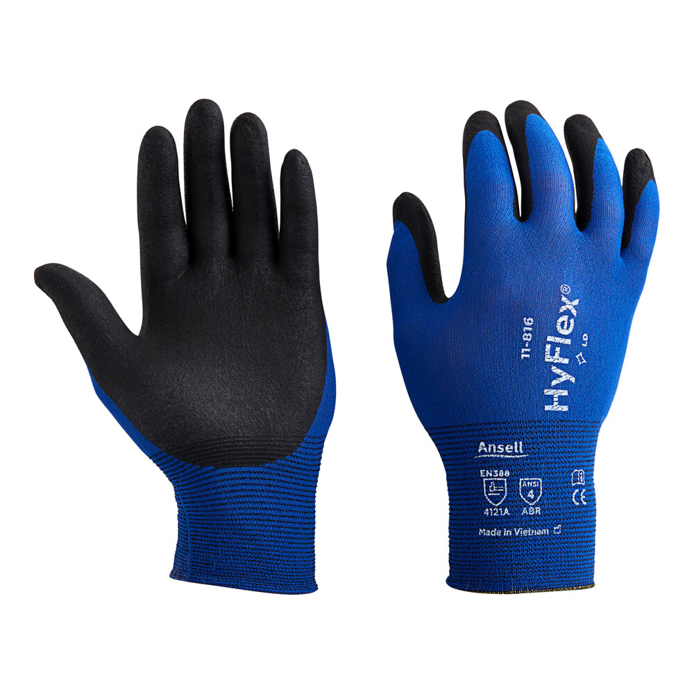 Ansell HyFlex® 11-816 Blue Nylon / Spandex Knitted Gloves with Black Palm-Coated Foam Nitrile and Knit Wrist - Large