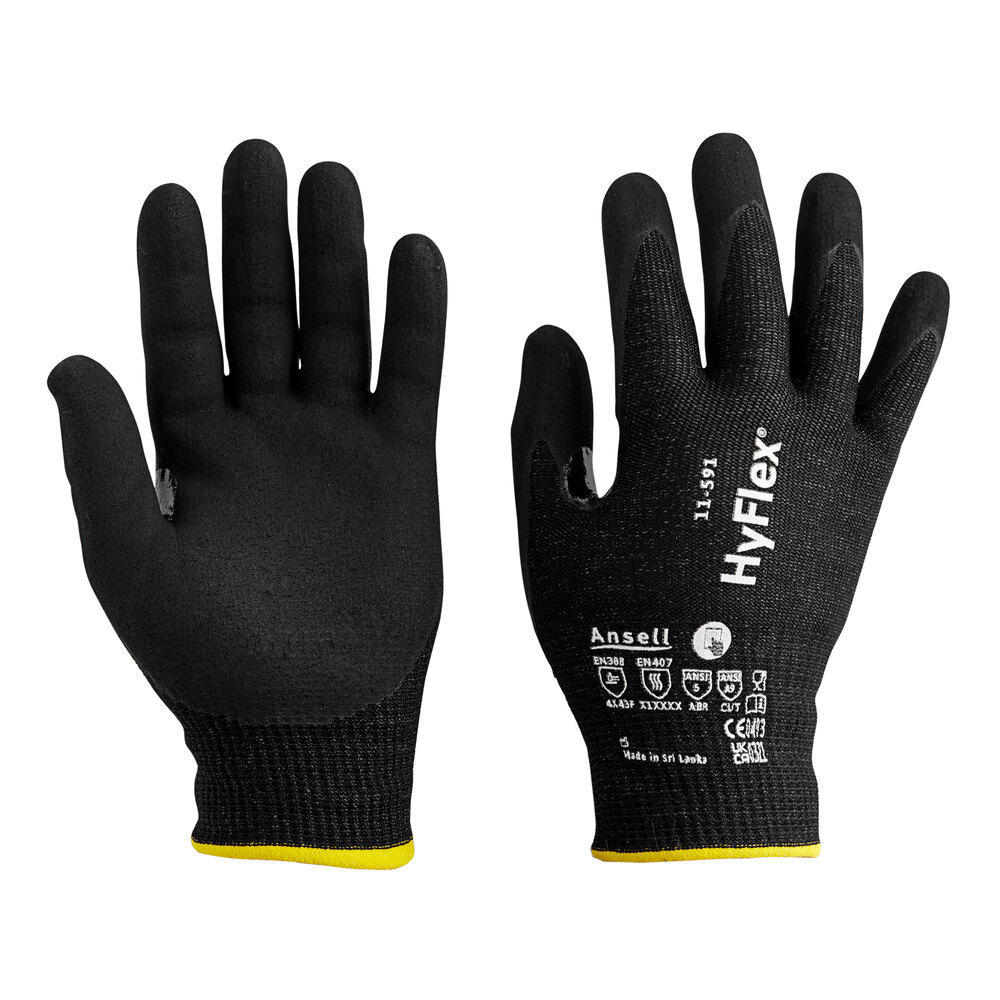 Ansell HyFlex® 11-591 Black HPPE, Nylon, and Spandex Gloves with Seamless Knitted Liner and Black FORTIX™ Nitrile Palm Coat - Medium