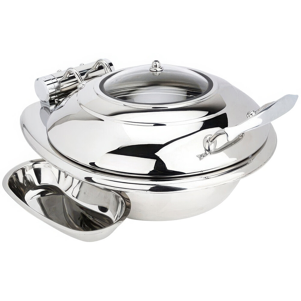 Eastern Tabletop 3938G Crown 6 Qt. Stainless Steel Round Induction Chafer with Hinged Glass Dome Cover