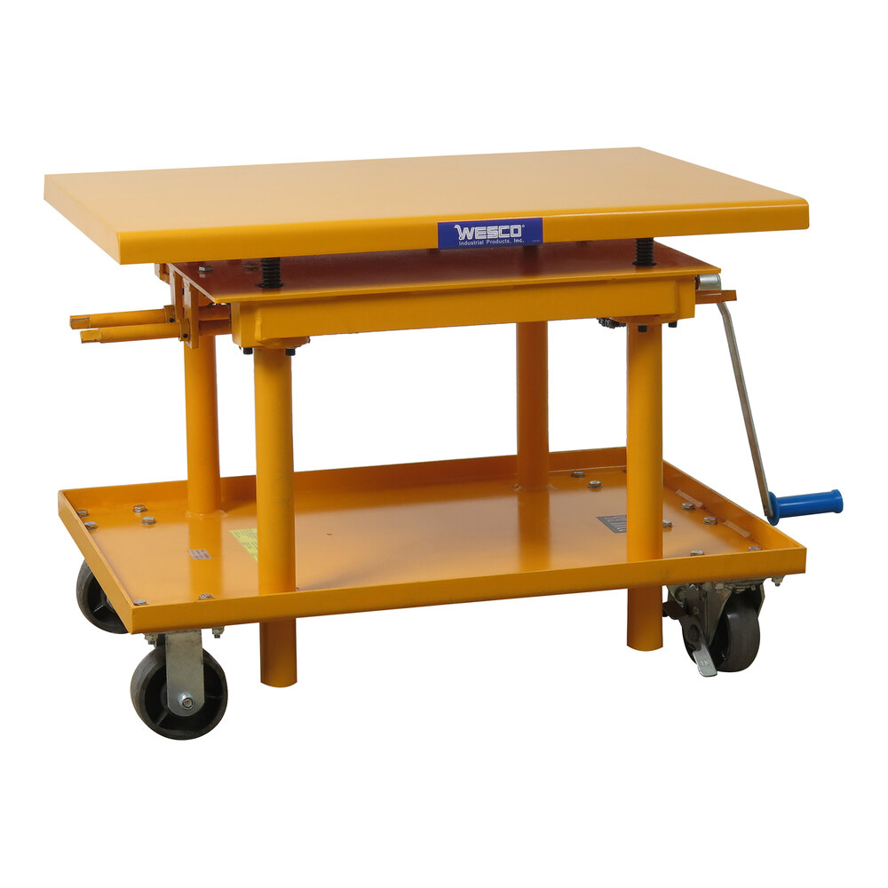 Wesco Industrial Products HCLT Series 30" x 48" Yellow Steel Manual Lift Table with Polyurethane Casters and 2,200 lb. Capacity 274684