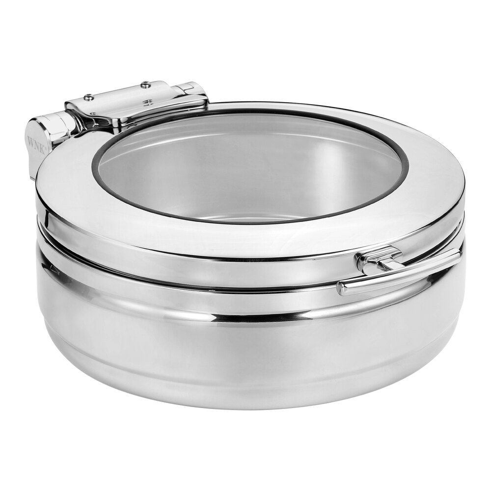 WNK from Steelite International Diva 5.5 Qt. 2/3 Size Round Stainless Steel Induction Chafer with Hinged, Soft-Close Glass Lid 5370S554