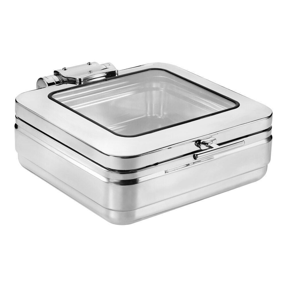 WNK from Steelite International Diva 6.75 Qt. 2/3 Size Square Stainless Steel Induction Chafer with Hinged, Soft-Close Glass Lid 5370S553