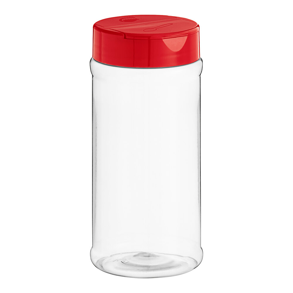16 oz. Round Plastic Spice Container and 63/485 Red Unlined Dual Flapper Lid with 7 Holes - 192/Case