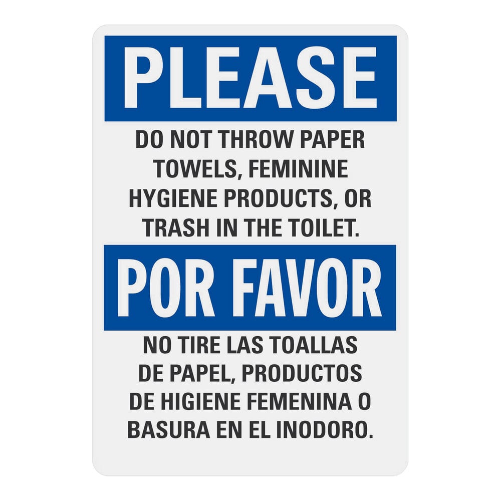 Lavex 10" x 7" Non-Reflective Aluminum Bilingual "Please Do Not Throw Paper Towels, Feminine Hygiene Products, Or Trash In The Toilet" Safety Sign