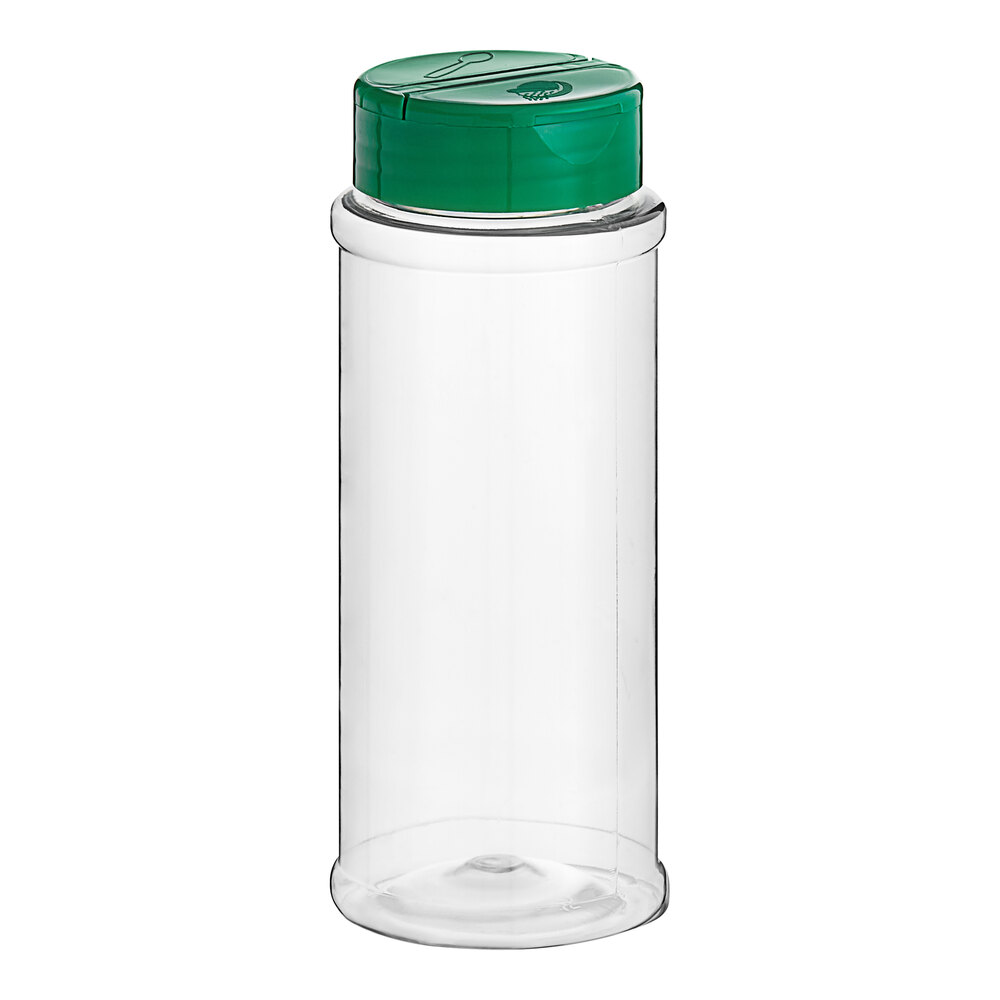 12 oz. Round Plastic Spice Container and 53/485 Green Induction-Lined Dual Flapper Lid with 3 Holes - 170/Case