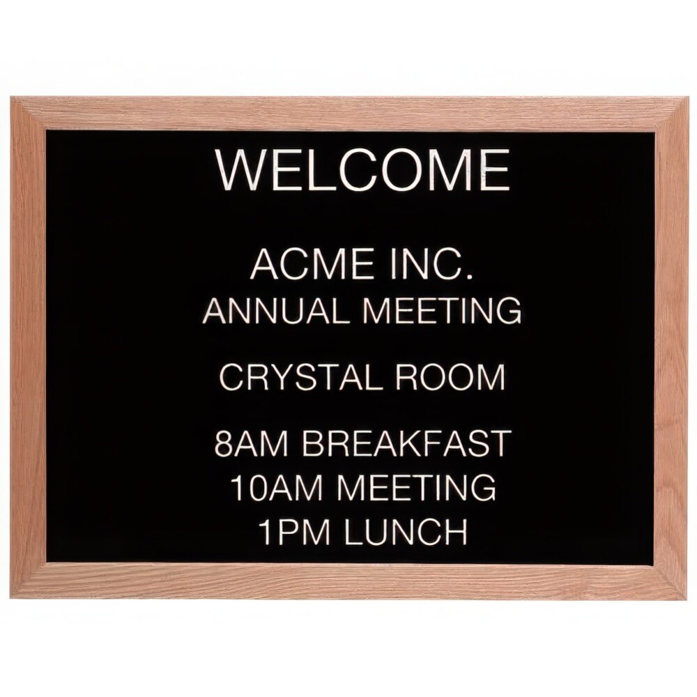 Aarco AOFD1824L 18" x 24" Black Felt Open Face Horizontal Indoor Message Board with Solid Oak Wood Frame and 3/4" Letters
