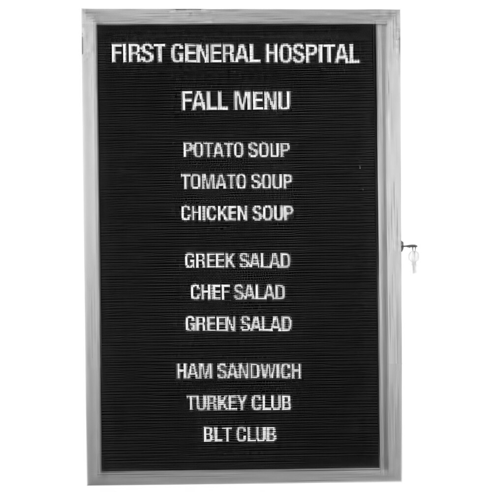 Aarco EDC2418L 24" x 18" Enclosed Aluminum Indoor Message Center with Black Letter Board and 3/4" Letters - 1 Overlapping Hinged Locking Door
