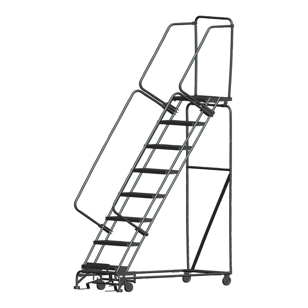 Ballymore M-2000 Series 8-Step Gray Steel Rolling Safety Ladder with Abrasive Mat Tread, 24" Wide Steps, and 14" Deep Top Step 083214R - 450 lb. Capacity