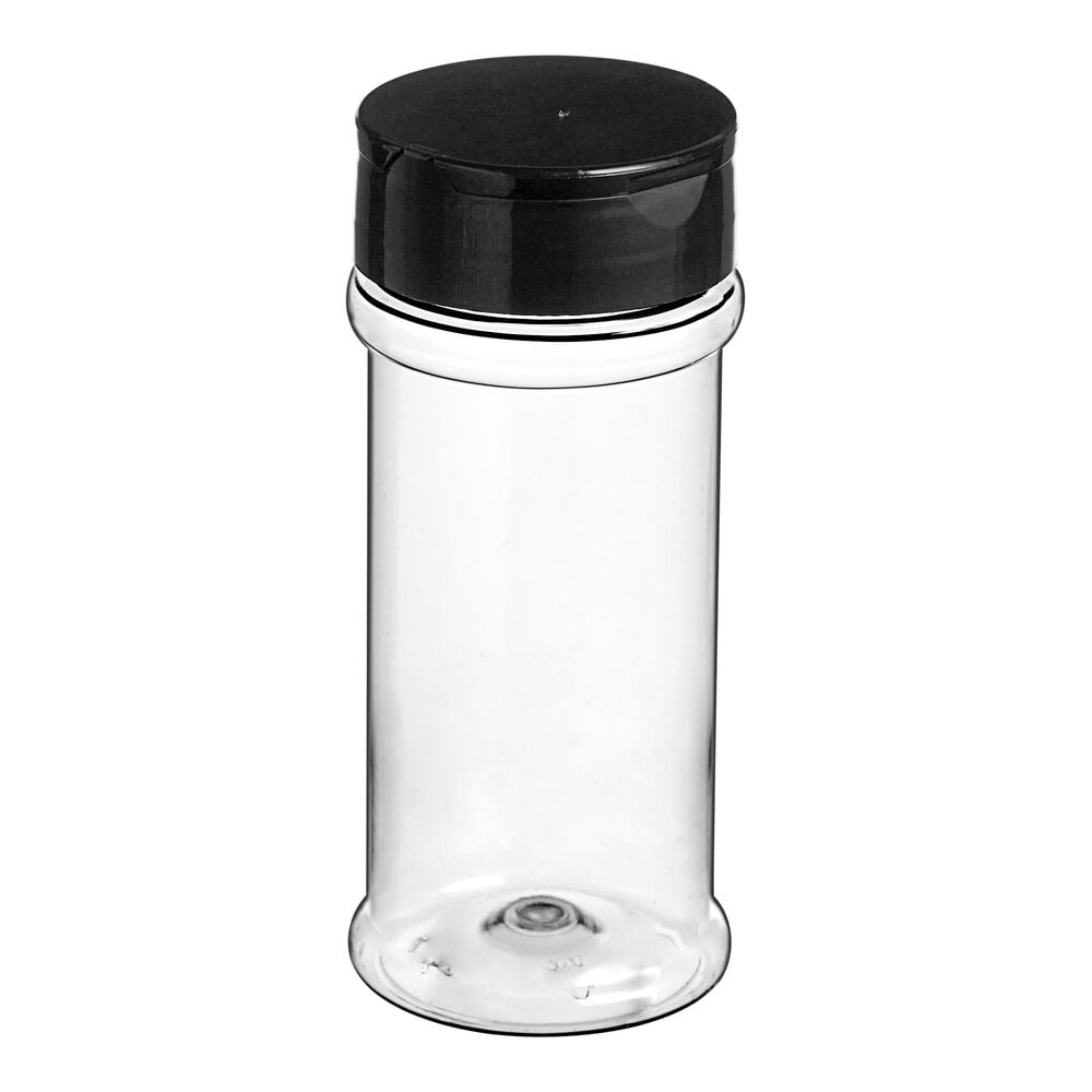 8.4 oz. Round Plastic Spice Container and 53/485 Black Induction-Lined Dual Flapper Lid with 7 Holes - 285/Case