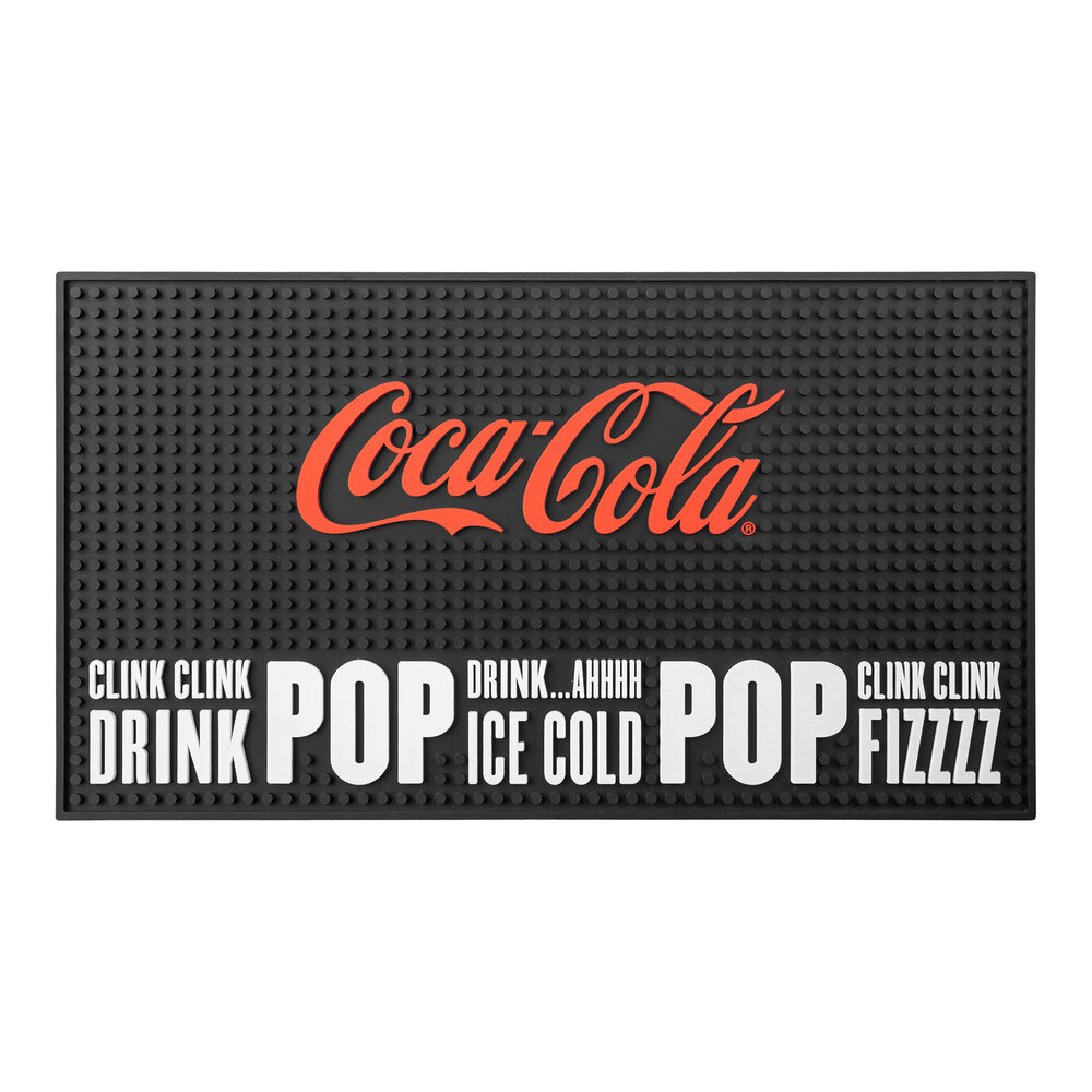 Tablecraft 18" x 10" Coca-Cola® "CLINK CLINK" Black Bar Mat 11033