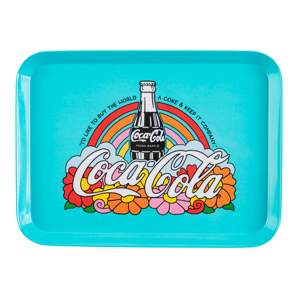 Tablecraft Coca-Cola® 1971 Unity Collection 15" x 11" Rectangular Blue Rainbow Graphic Melamine Tray 11132