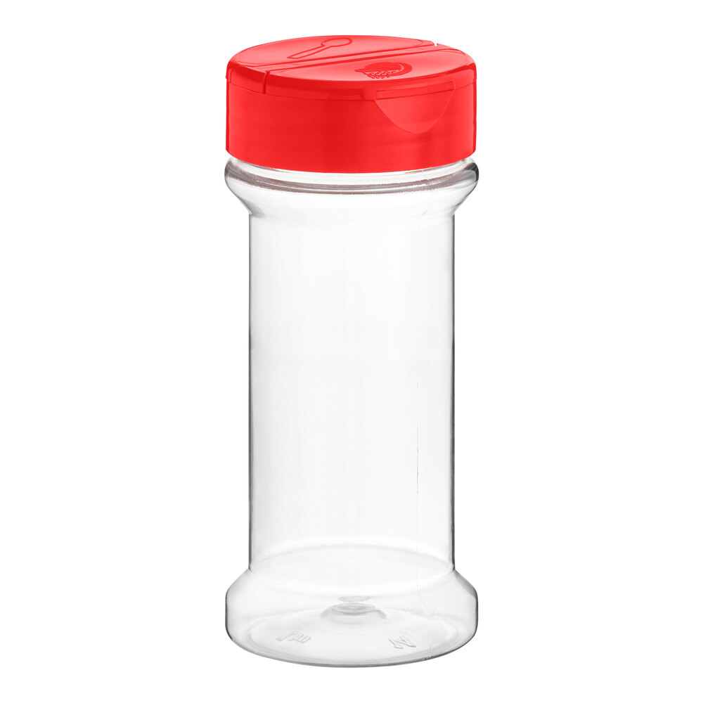 7 oz. Round Plastic Spice Container and 53/485 Red Induction-Lined Dual Flapper Lid with 7 Holes - 300/Case