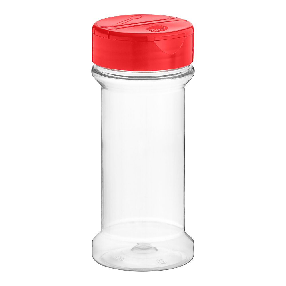 7 oz. Round Plastic Spice Container and 53/485 Red Induction-Lined Dual Flapper Lid with 13 Holes - 300/Case
