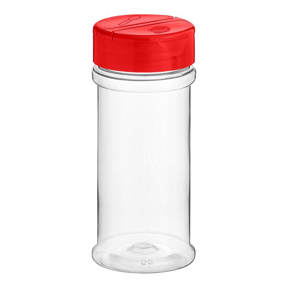 8.4 oz. Round Plastic Spice Container and 53/485 Red Induction-Lined Dual Flapper Lid with 7 Holes - 285/Case
