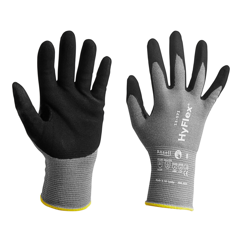 Ansell HyFlex® 11-571 Gray Knitted Gloves with Black Palm-Dipped, Thumb Crotch Reinforcement Nitrile and Knit Wrist - Extra Large