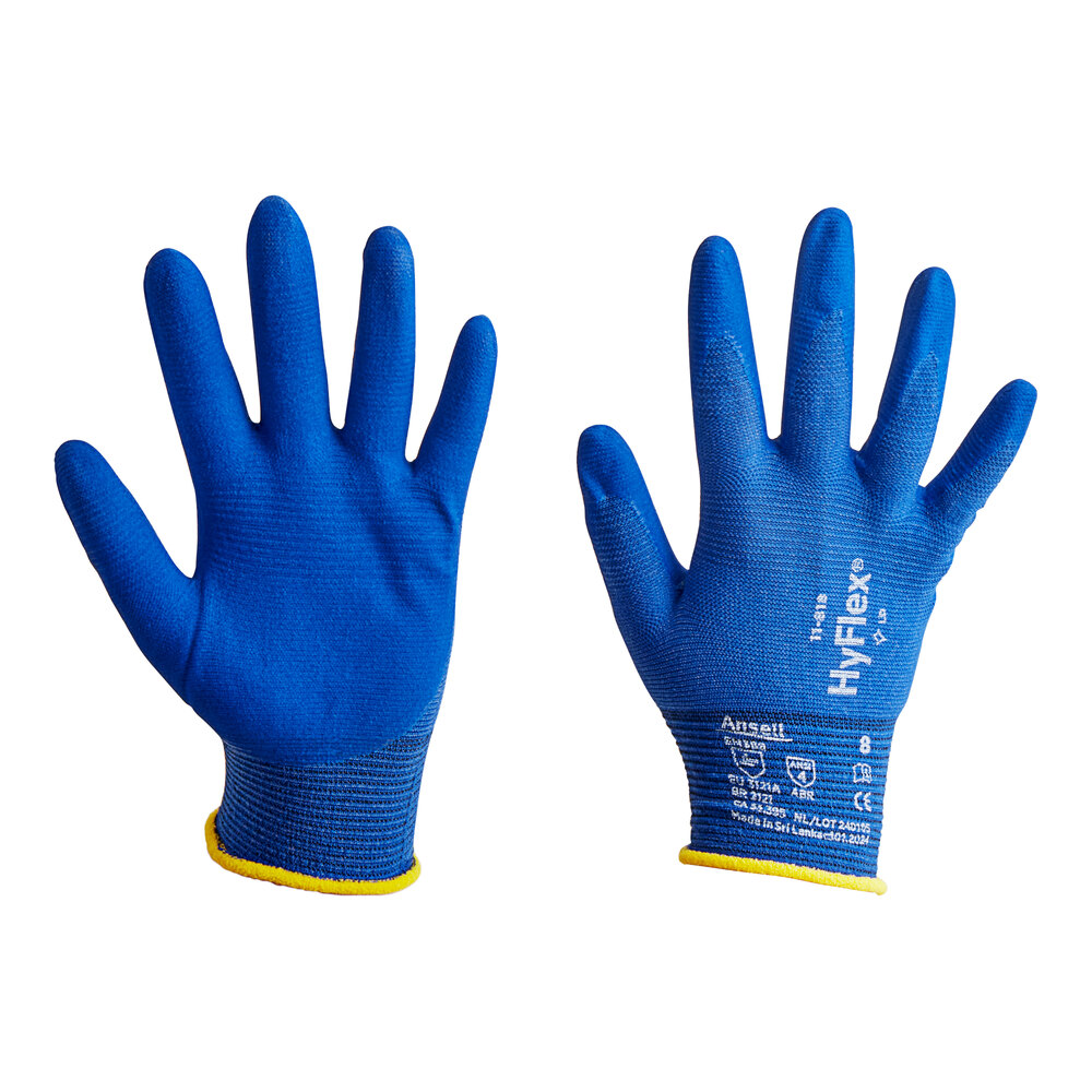 Ansell HyFlex® 11-818 Dark Blue Nylon / Spandex Knitted Gloves with Blue Palm-Coated Foam Nitrile and Knit Wrist - Large