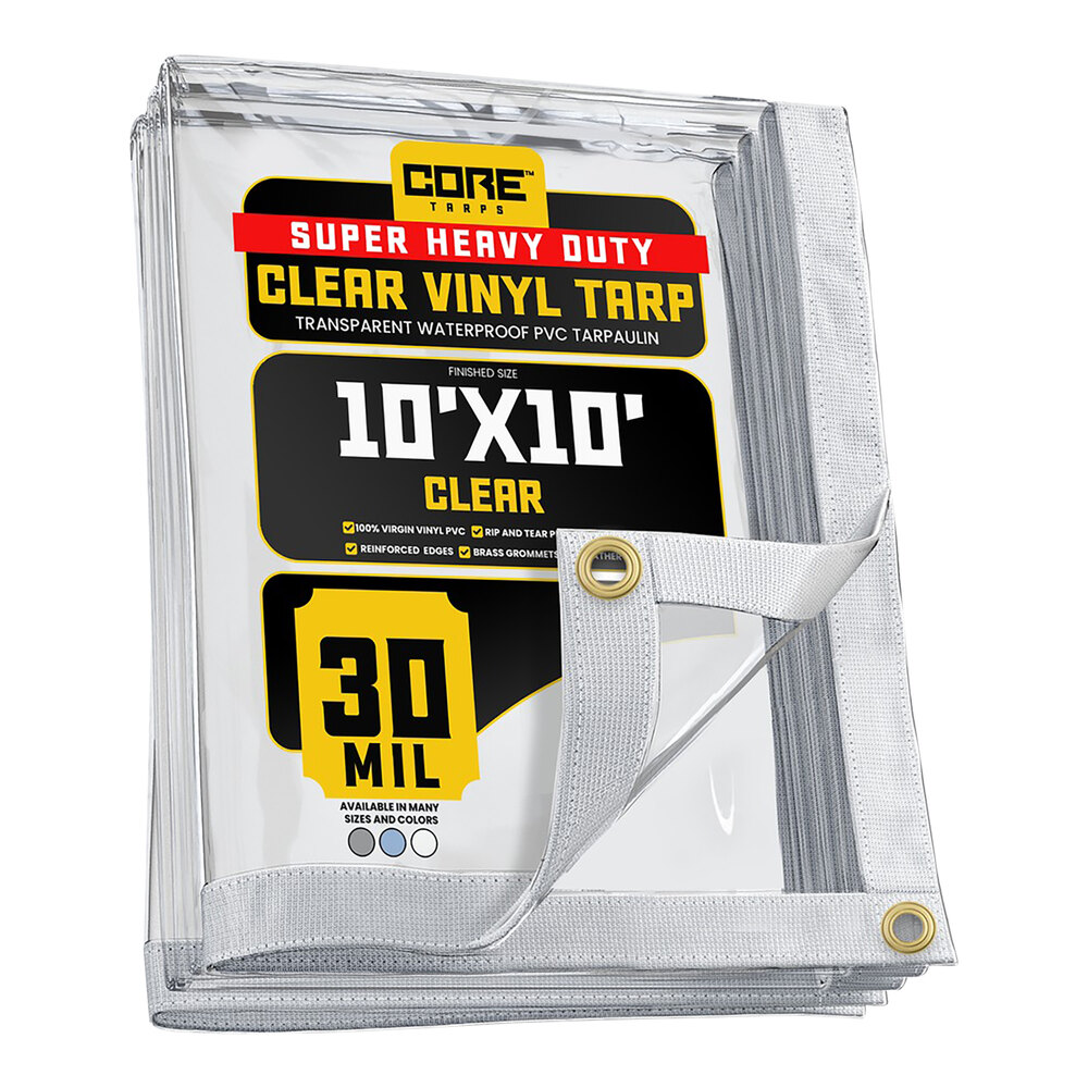 Core Tarps 10' x 10' Clear Extreme Heavy-Duty Weatherproof 30 Mil PVC Vinyl Tarp with Reinforced Edges CT-201-10X10