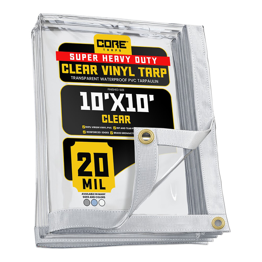 Core Tarps 10' x 10' Clear Extreme Heavy-Duty Weatherproof 20 Mil PVC Vinyl Tarp with Reinforced Edges CT-101-10X10