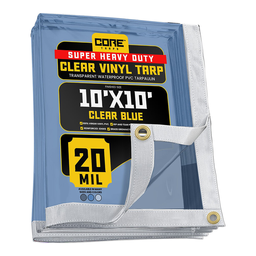 Core Tarps 10' x 10' Clear Blue Extreme Heavy-Duty Weatherproof 20 Mil PVC Vinyl Tarp with Reinforced Edges CT-103-10X10