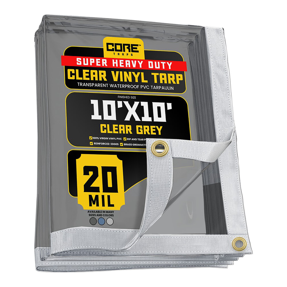 Core Tarps 10' x 10' Clear Gray Extreme Heavy-Duty Weatherproof 20 Mil PVC Vinyl Tarp with Reinforced Edges CT-102-10X10