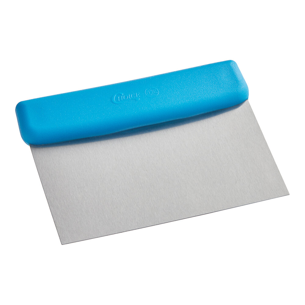 Choice 6 1/4" x 3" High Carbon Stainless Steel Dough Cutter / Bench Scraper with Blue Handle