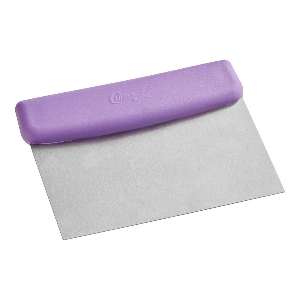 Choice 6 1/4" x 3" High Carbon Stainless Steel Dough Cutter / Bench Scraper with Purple Handle