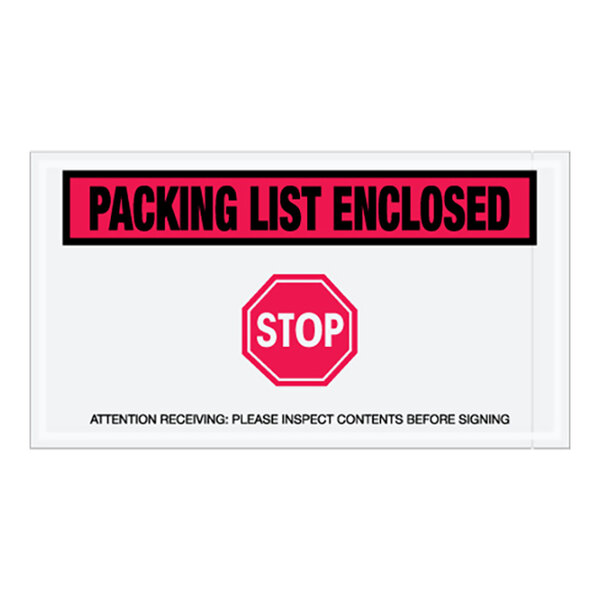 Lavex 5 1/2" x 10" 2 Mil Red Full Face Printed Polyethylene Packing List Envelope with Stop Sign - 1,000/Case