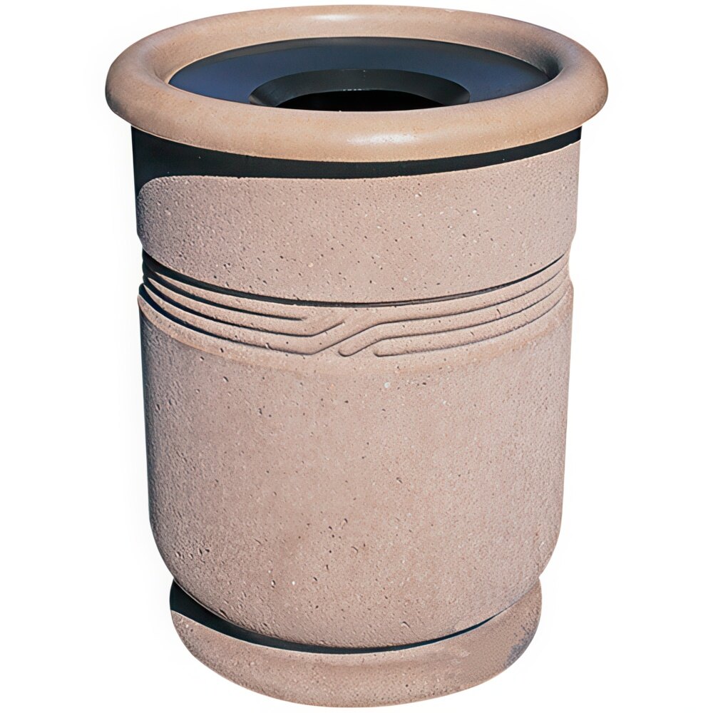 Wausau Tile WS1117 24 Gallon Concrete Round Decorative Outdoor Trash Can with Aluminum Funnel Lid