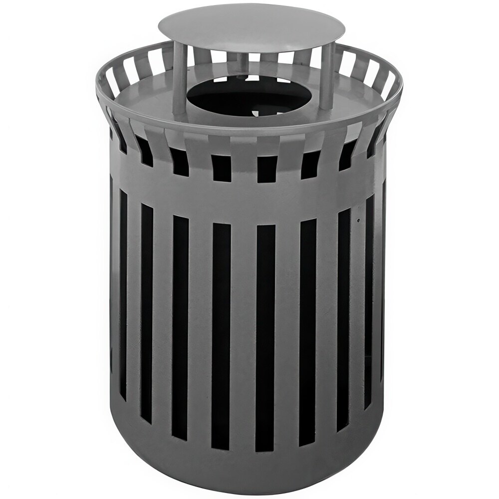 Wausau Tile MF3299 30 Gallon Short Flat Steel Round Trash Can with Aluminum Funnel Lid and Rain Hood