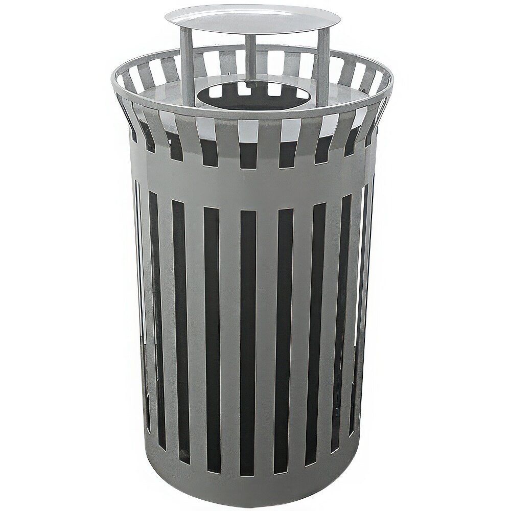 Wausau Tile MF3399 36 Gallon Tall Flat Steel Round Trash Can with Aluminum Funnel Lid and Rain Hood
