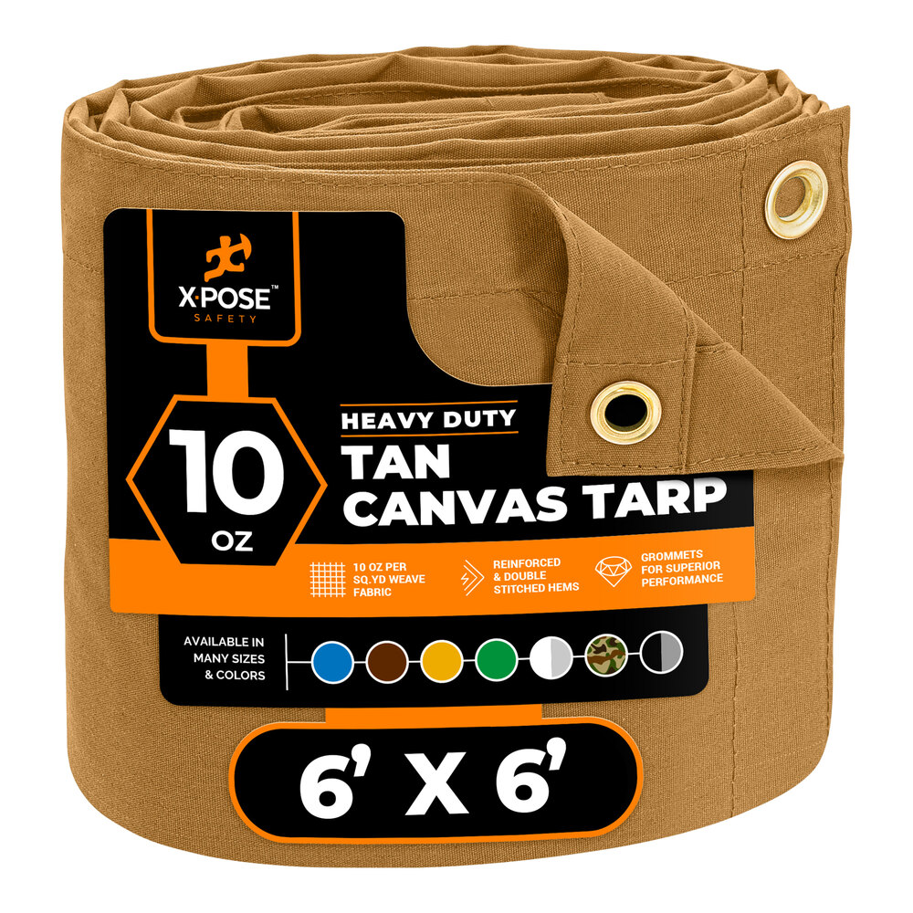 Xpose Safety 6' x 6' Tan Heavy-Duty Weatherproof 10 oz. Poly Canvas Tarp CTT10-66-X