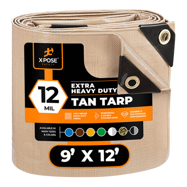 Xpose Safety 9' x 12' Tan Extra Heavy-Duty Weatherproof 12 Mil Multipurpose Polyethylene Tarp THD-912-X