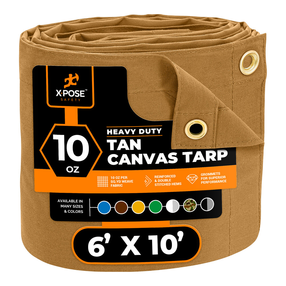 Xpose Safety 6' x 10' Tan Heavy-Duty Weatherproof 10 oz. Poly Canvas Tarp CTT10-610-X