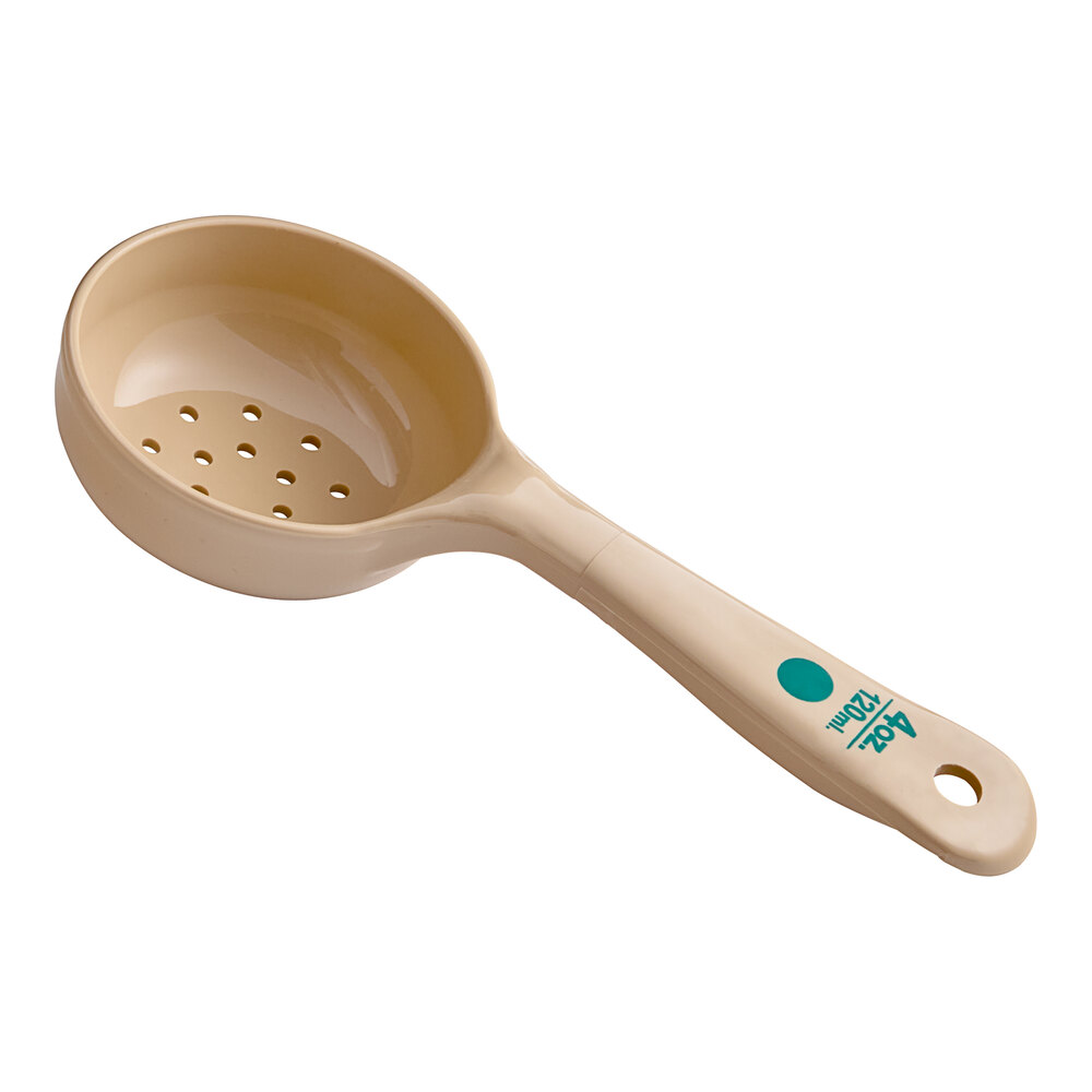 Carlisle 432906 Measure Misers 4 oz. Beige and Green Color Coding Polycarbonate Short Handle Perforated Portion Spoon