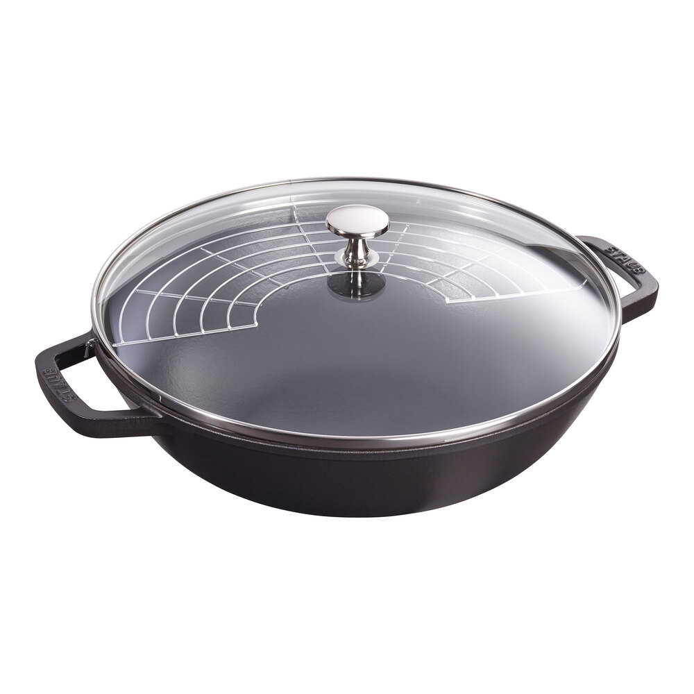 Staub 12" Black Enameled Cast Iron Wok with Glass Lid 1004706