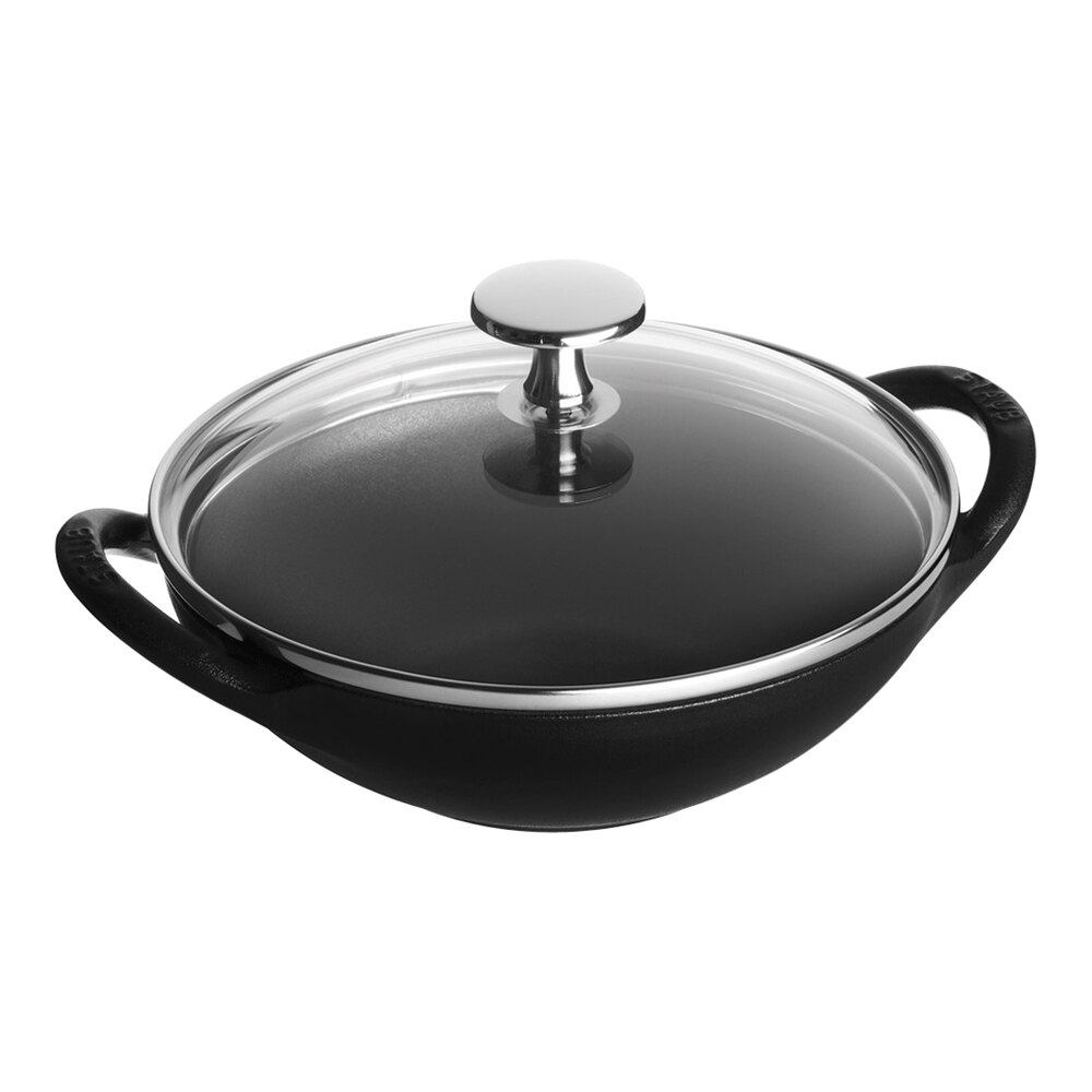 Staub 6 3/8" Black Mini Enameled Cast Iron Cantonese Wok with Glass Lid 1004675