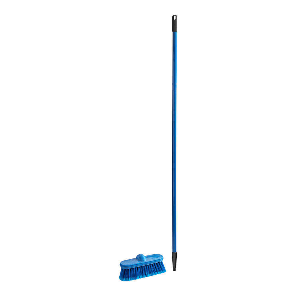 Lavex Flo-Thru 10" Floor / Vehicle Scrub Brush with Blue 60" Metal Handle