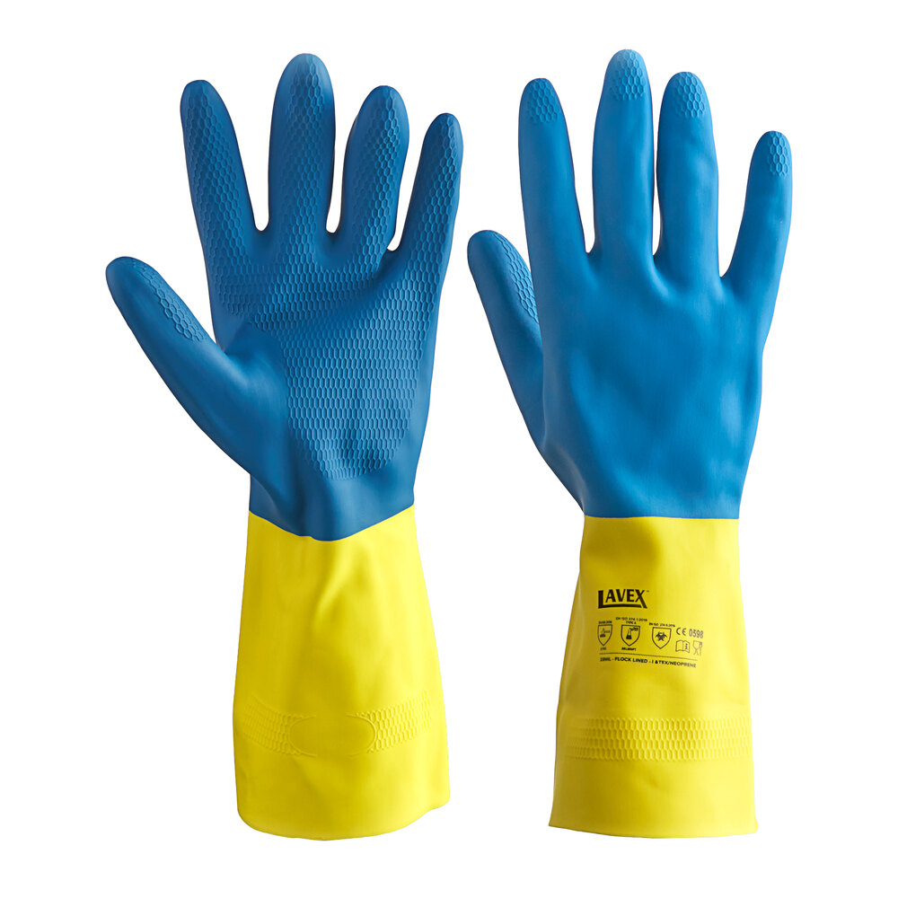 Lavex 12" Blue / Yellow 28 Mil Neoprene / Latex Gloves with Flock Lining - Large - Pair - 12/Pack