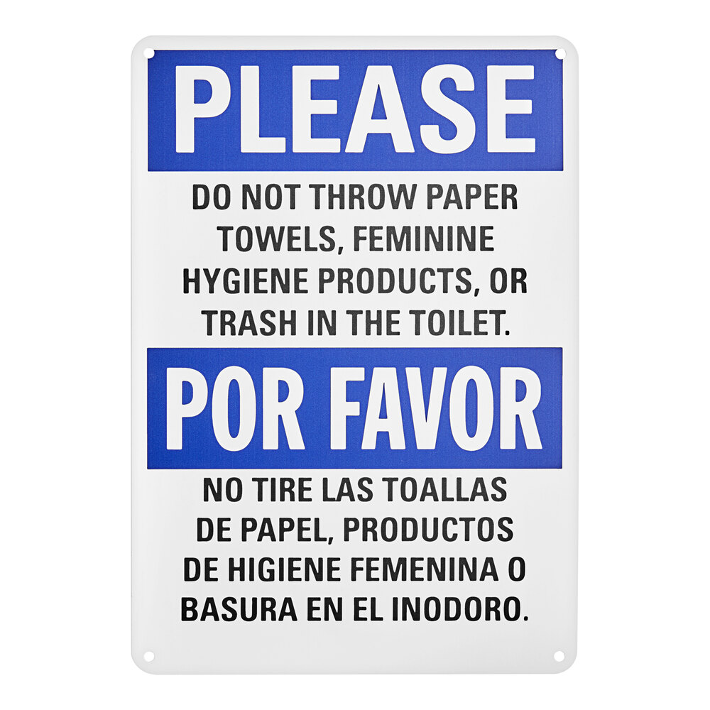 Lavex 10" x 7" Non-Reflective Plastic Bilingual "Please Do Not Throw Paper Towels, Feminine Hygiene Products, Or Trash In The Toilet" Safety Sign