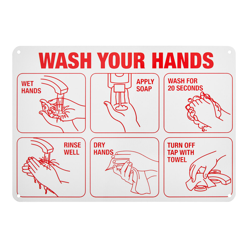 Lavex 10" x 7" White / Red Reflective Engineer-Grade Aluminum "Wash Your Hands" Safety Sign