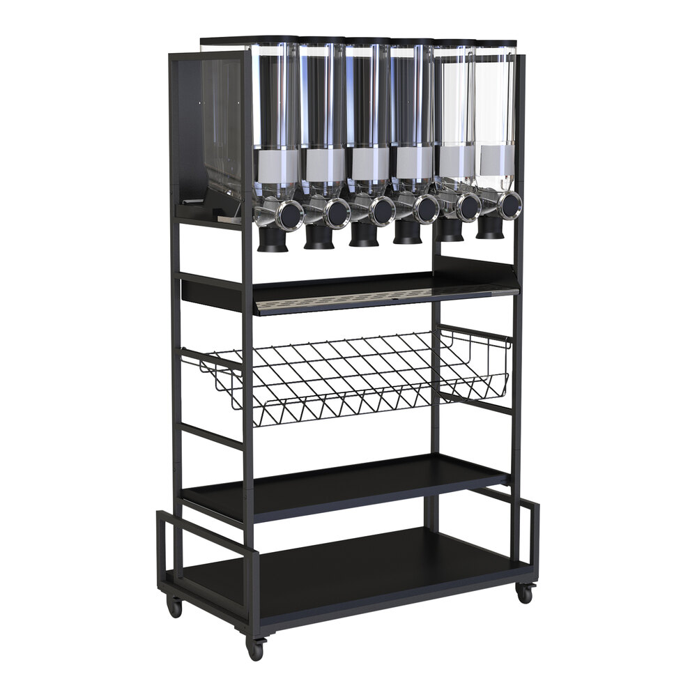 Rosseto Modulite 36" x 20" x 73" Black Shelving Cart with Black Bamboo Shelf, Wire Shelf, and 6 PRO-BULK Dispensers MC-PB62